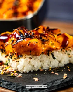 Savory salmon sushi bake served in a dish, topped with creamy sauce and scallions.