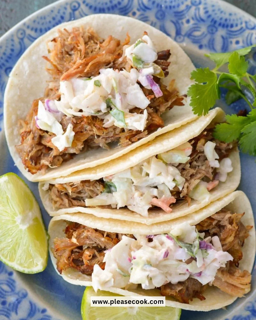 Delicious slow cooker carnitas with jalapeño slaw served on a plate.