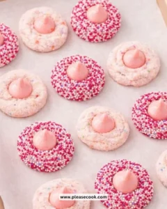 Delicious Strawberry Kiss Cookies decorated with a chocolate kiss for Valentine's Day