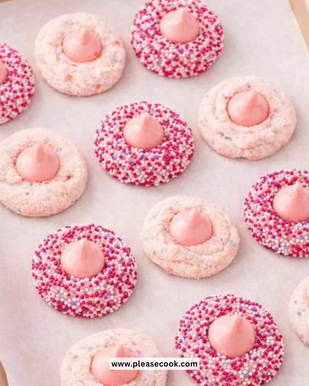 Delicious Strawberry Kiss Cookies decorated with a chocolate kiss for Valentine's Day