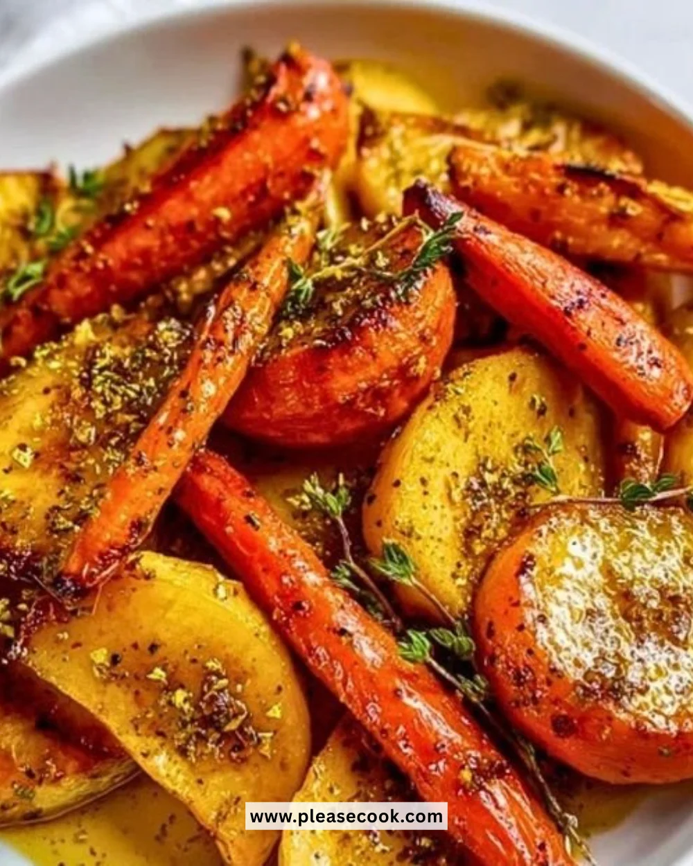 Maple Dijon roasted apples and carrots served in a rustic dish