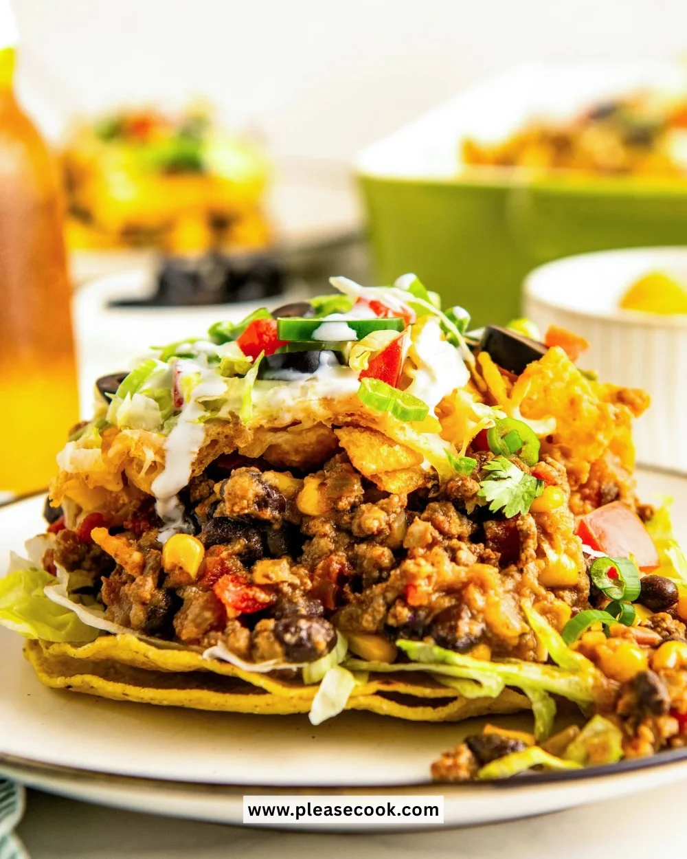 Delicious Taco Bake Casserole topped with cheese and fresh toppings