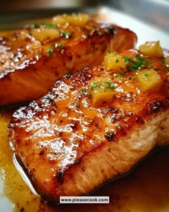 Delicious honey pineapple salmon served with fresh herbs and vegetables