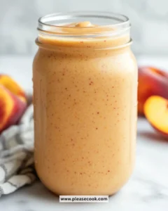 Delicious homemade Vanilla Peach Smoothie in a glass with fresh peaches