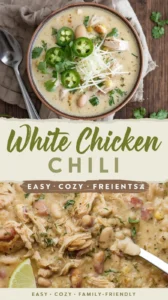 Bowl of white chicken chili topped with cilantro and lime