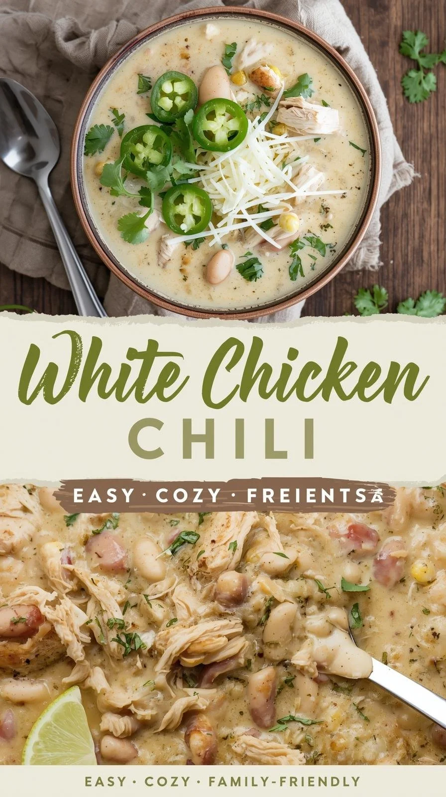 Bowl of white chicken chili topped with cilantro and lime
