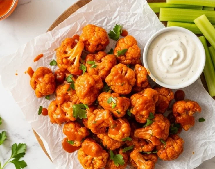 Air Fryer Buffalo Cauliflower dish garnished with fresh herbs