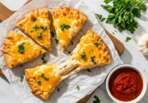 Air fryer cheesy tortilla garlic bread topped with melted cheese and herbs