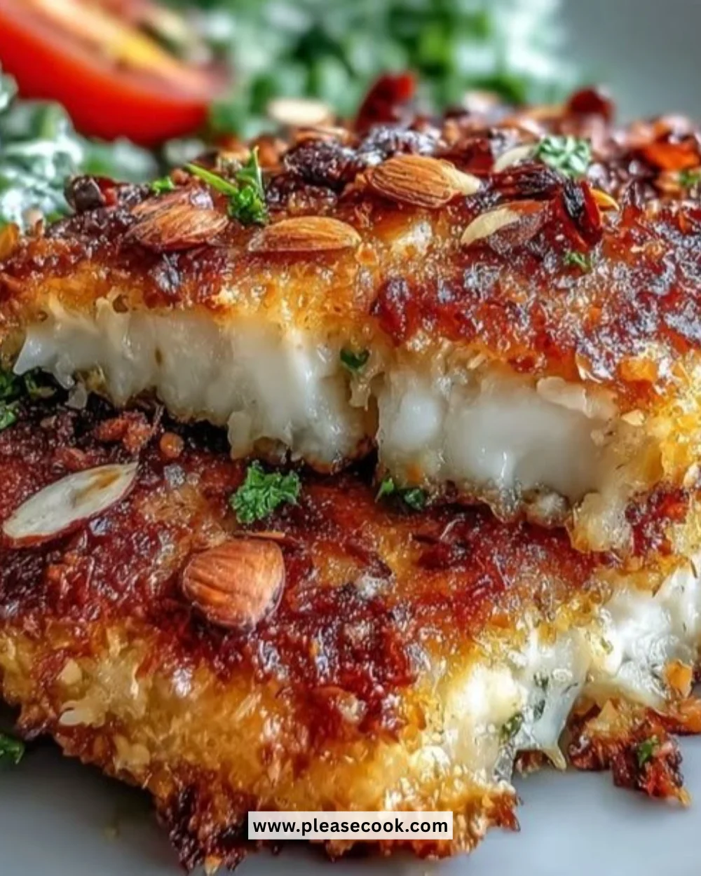 Plate of almond-crusted chicken served with a vibrant sumac salad.
