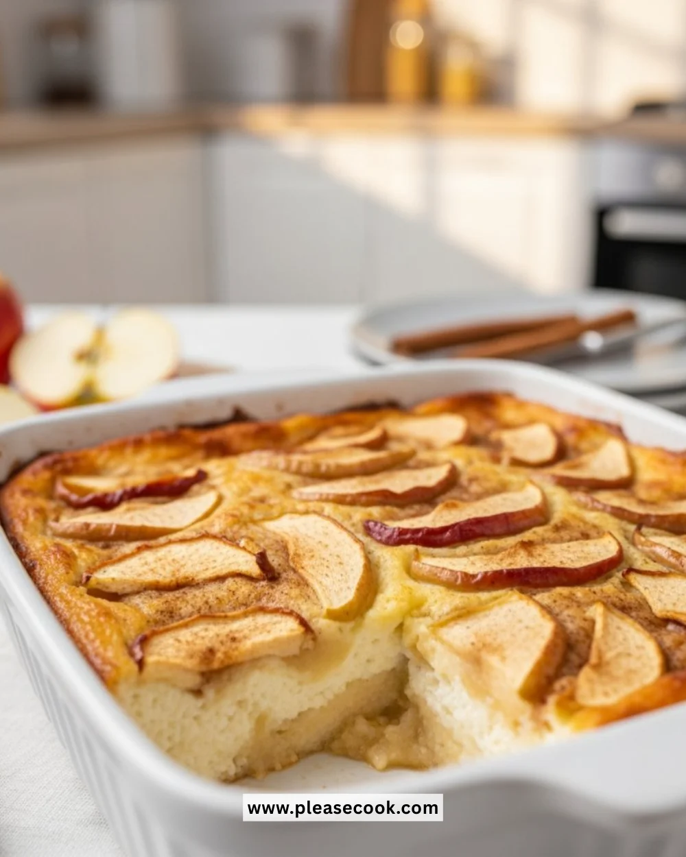 Delicious apple cinnamon cottage cheese bake topped with cinnamon and apples
