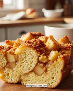 Delicious apple pie bread pudding topped with caramel sauce and cinnamon