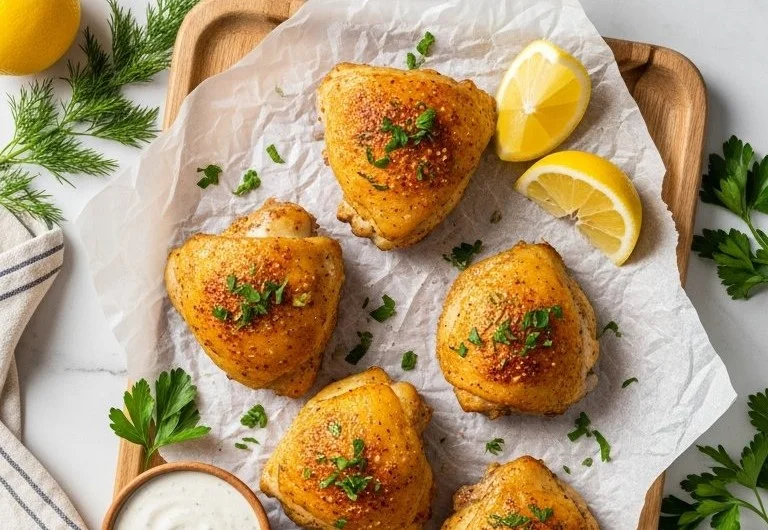 Baked ranch chicken thighs seasoned and ready to serve with vegetables