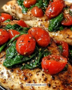 Balsamic chicken breast served with spinach and tomatoes on a plate