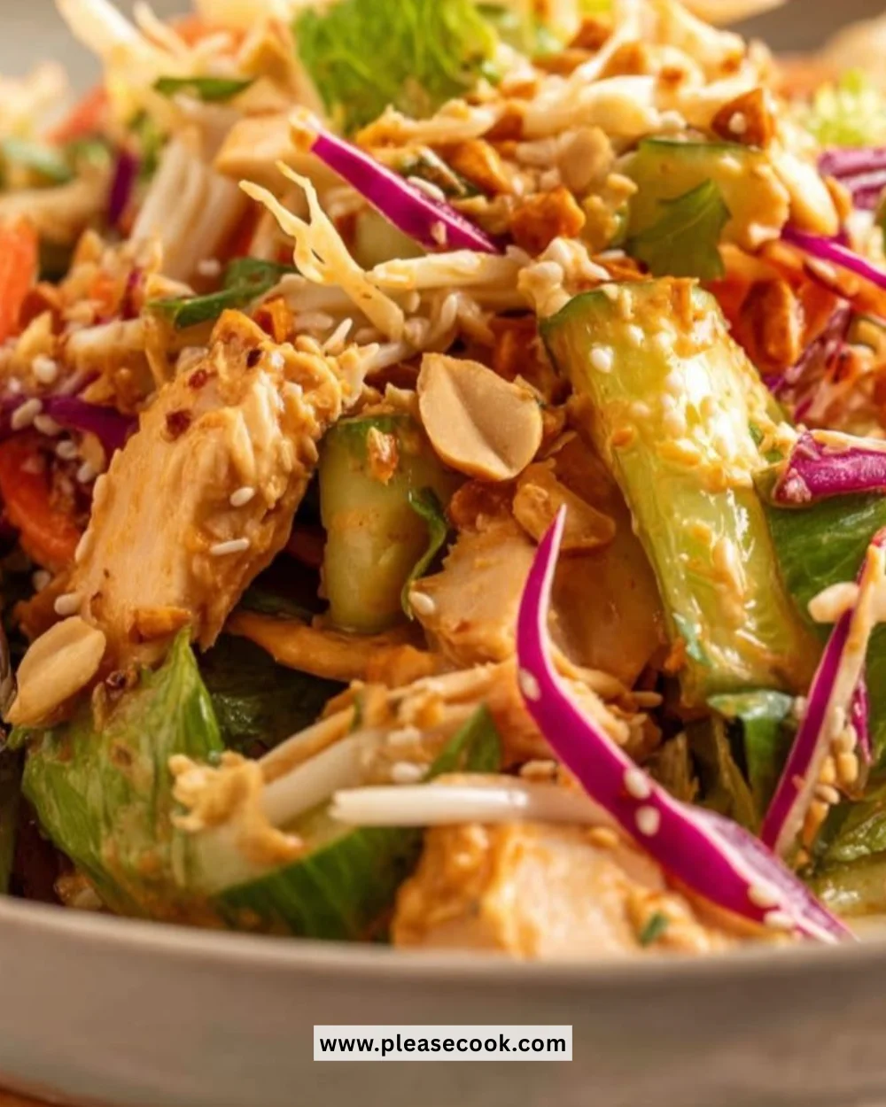 Bang Bang Chicken Salad with crispy chicken and fresh vegetables in a creamy dressing