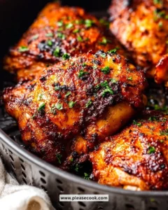 Juicy and crispy air fryer chicken thighs served on a white plate with herbs