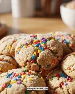 Colorful birthday cake cookies topped with sprinkles, perfect for celebrations.
