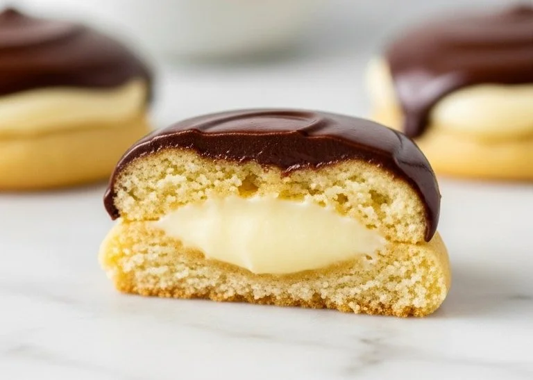 Homemade Boston Cream Pie Cookies with chocolate frosting and vanilla filling