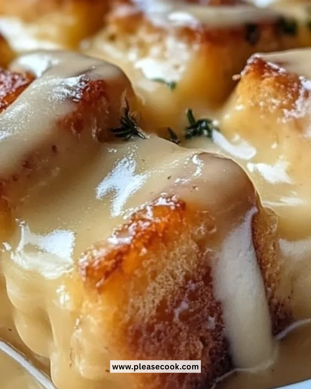 Delicious bread pudding served with rich vanilla sauce
