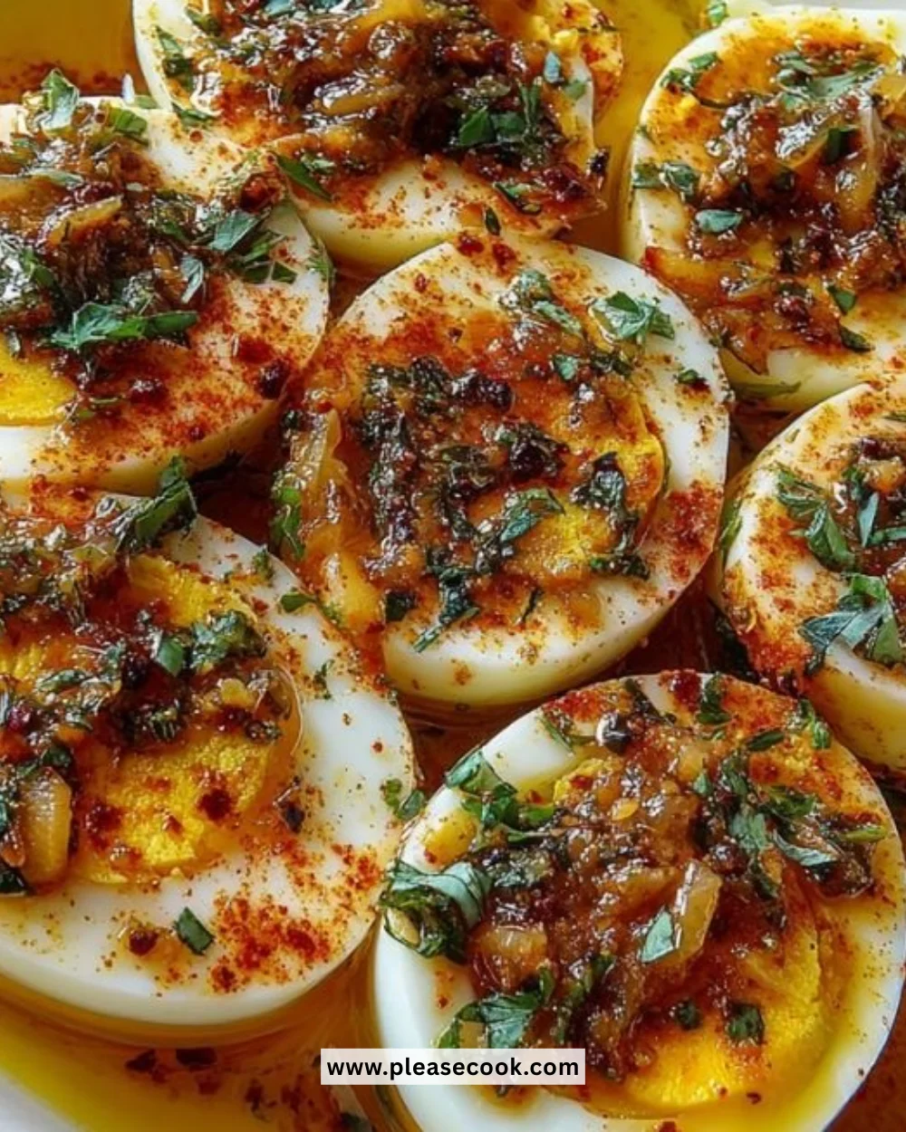 Cajun boiled eggs topped with spicy garlic butter sauce on a plate