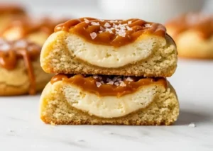 Delicious homemade caramel cheesecake cookies on a cooling rack