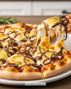 Delicious caramelized onion pizza with rich cheese on a crispy crust