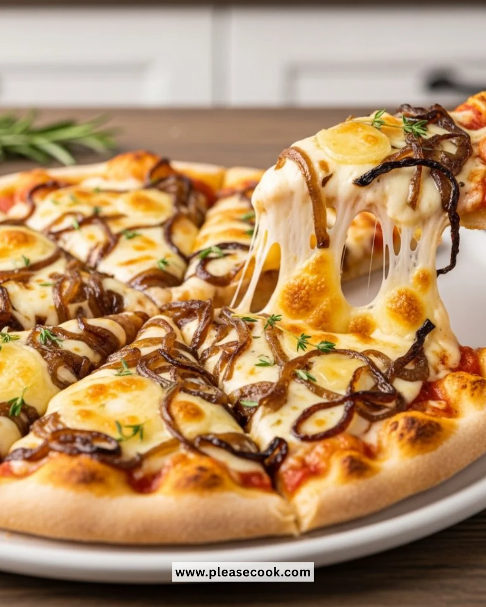 Delicious caramelized onion pizza with rich cheese on a crispy crust