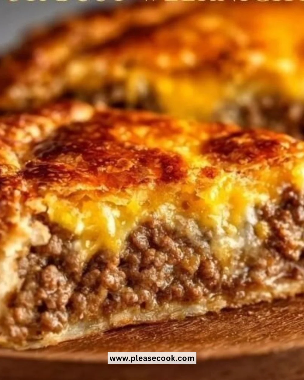 Delicious cheeseburger pie served in a slice on a plate