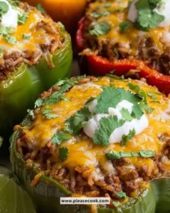 Cheesy taco stuffed peppers served on a plate, garnished with fresh herbs.