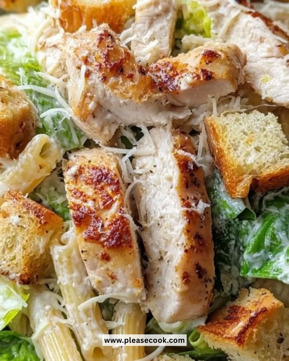 Delicious Chicken Caesar Pasta Salad with grilled chicken, pasta, and creamy dressing.