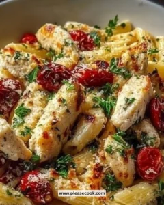 Delicious Chicken Feta Pasta garnished with fresh herbs and vegetables