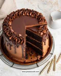 Deliciously layered chocolate cake with frosting and decorative toppings