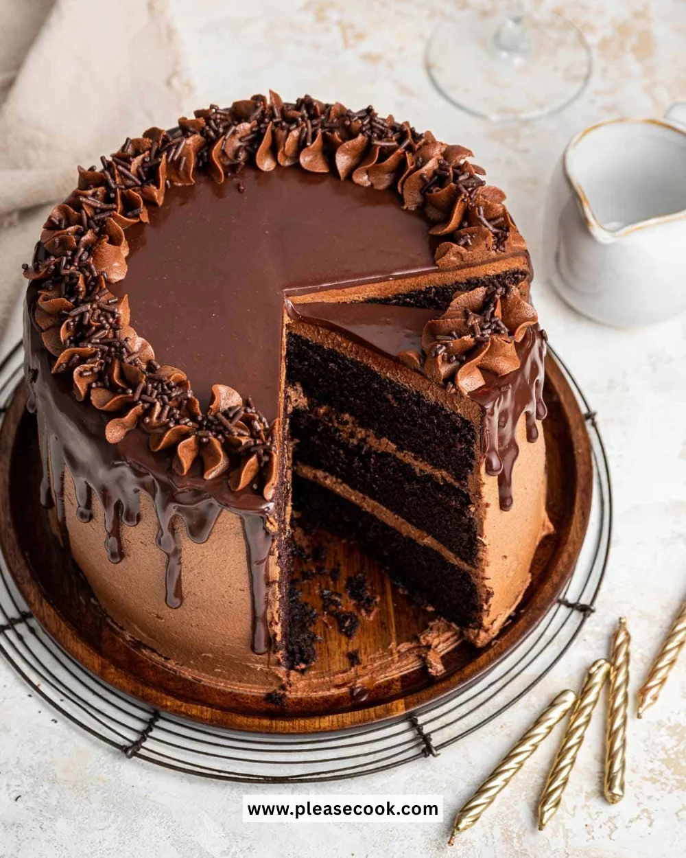 Deliciously layered chocolate cake with frosting and decorative toppings