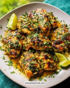 Crispy cilantro lime chicken thighs garnished with fresh lime slices