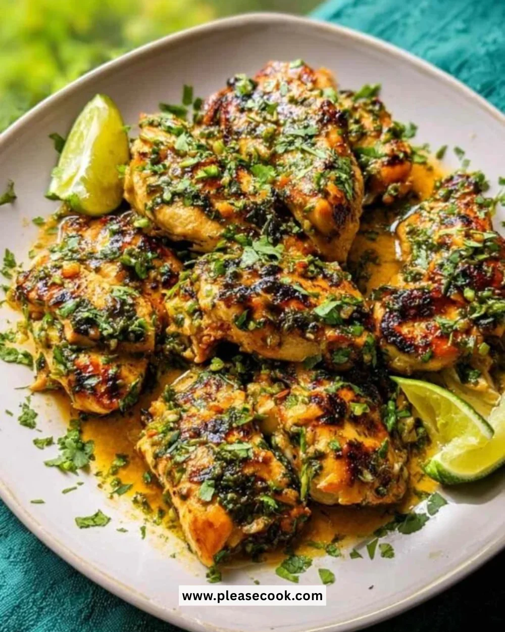 Crispy cilantro lime chicken thighs garnished with fresh lime slices