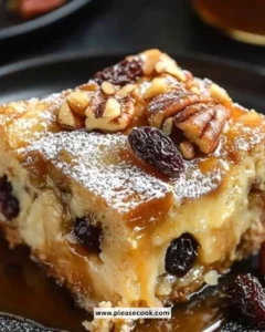 Delicious classic bread pudding served warm with sauce.