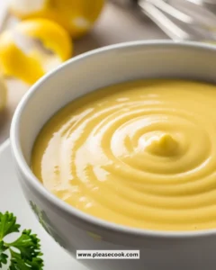 Homemade classic Hollandaise sauce in a bowl garnished with herbs.