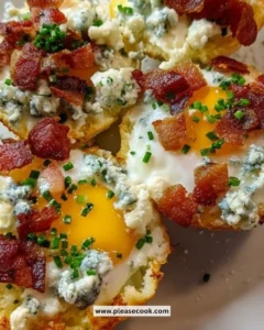 Cloud eggs with blue cheese and bacon on a plate