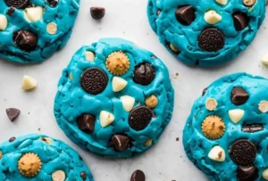 Delicious cookie monster cookies with blue frosting and chocolate chunks