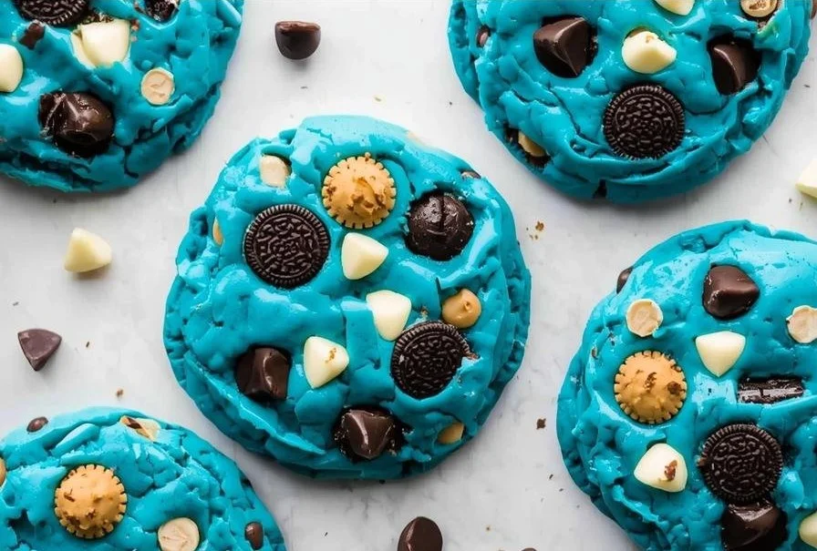 Delicious cookie monster cookies with blue frosting and chocolate chunks