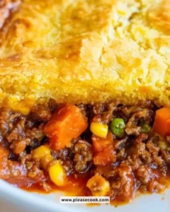 Cornbread Crusted Beef Pie topped with golden cornbread crust