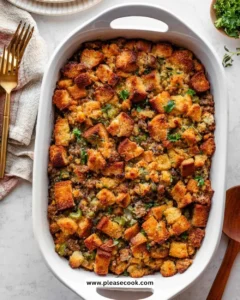 Delicious homemade Cornbread Stuffing served in a rustic dish