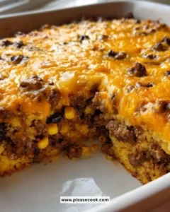 Delicious Cowboy Cornbread Casserole topped with golden cornbread crust.