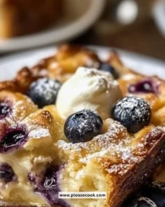 Cozy blueberry bread pudding served in a warm dish, topped with fresh blueberries.