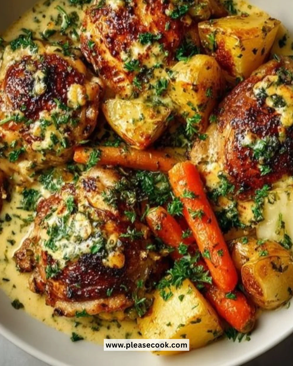Creamy baked Dijon chicken thighs served on a plate with herbs.