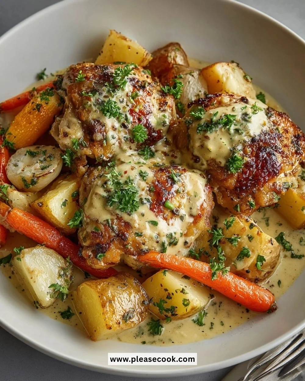 Creamy baked Dijon chicken thighs recipe with herbs and spices