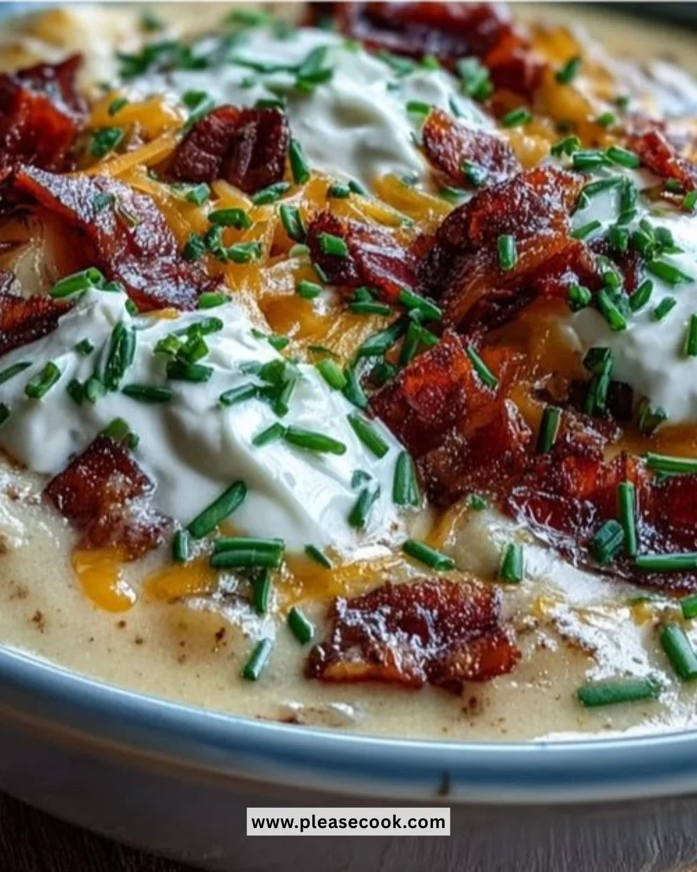 Bowl of creamy baked potato soup topped with cheese and chives