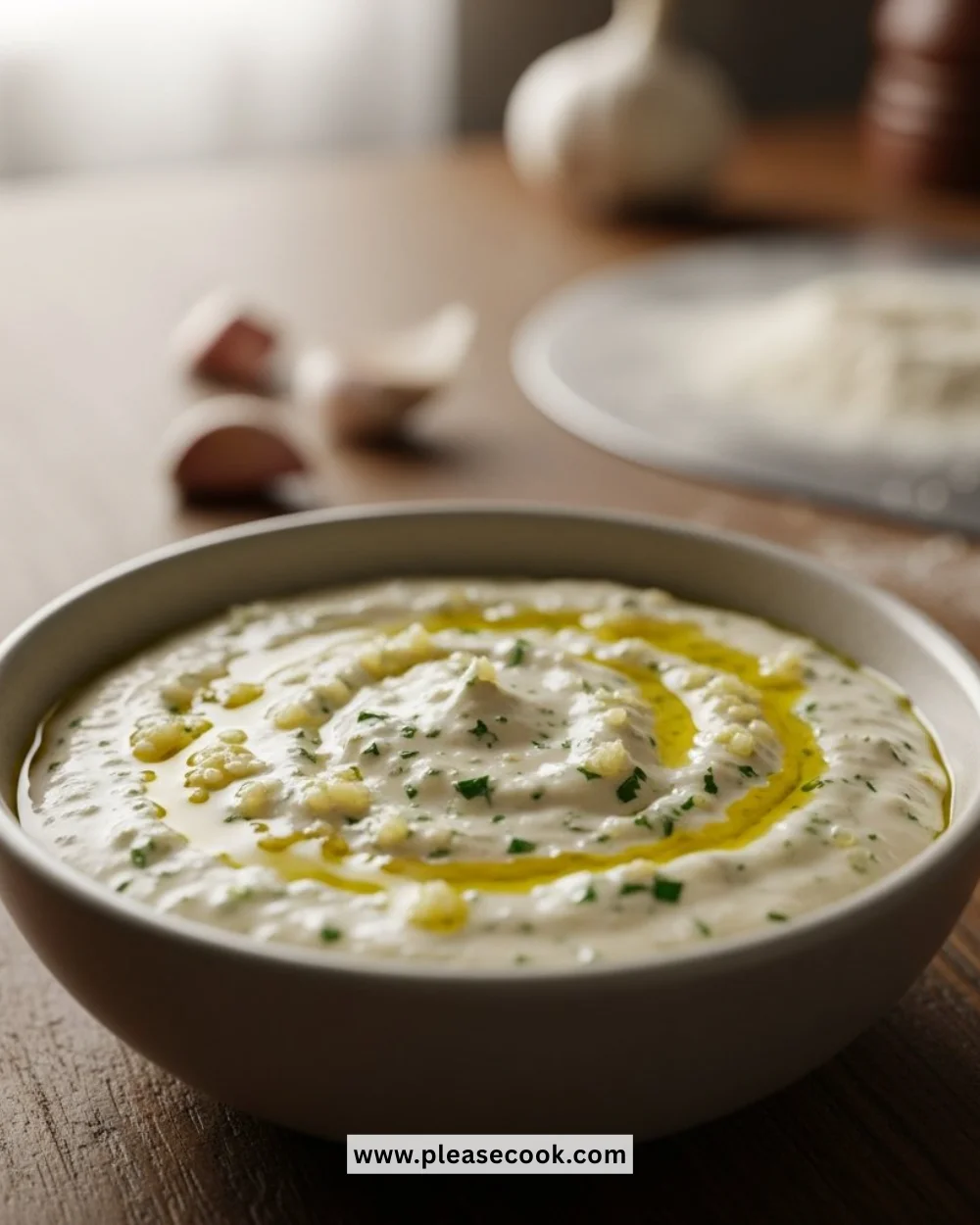 Creamy garlic sauce recipe for pizza with fresh ingredients