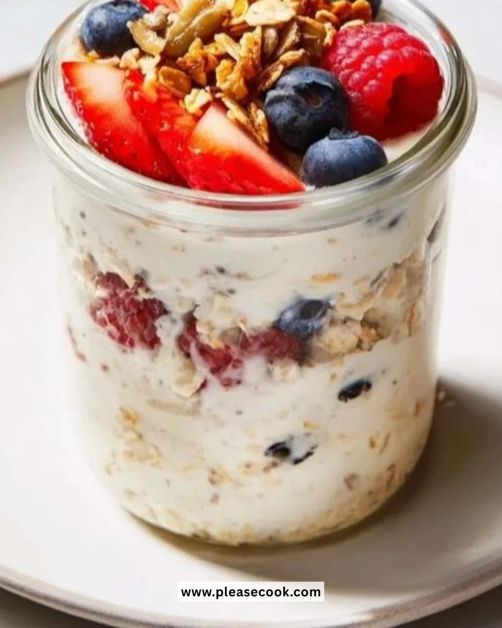 Creamy overnight oats jars topped with fresh fruit and nuts