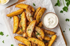 Crispy air fryer baked garlic parmesan potatoes ready to serve