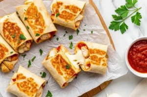 Crispy air fryer chicken and mozzarella wraps served on a plate.